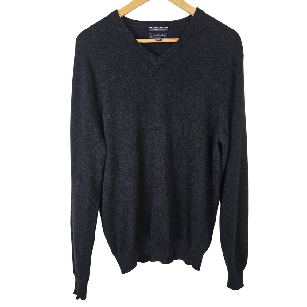 Club Room Estate Cashmere Mens V-Neck Sweater Black Large 2-Ply 100% Cashmere